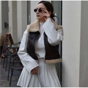 NEW Zara S Double Faced Vest Vegan Leather Fleece Lined Aviator Blogger Favorite